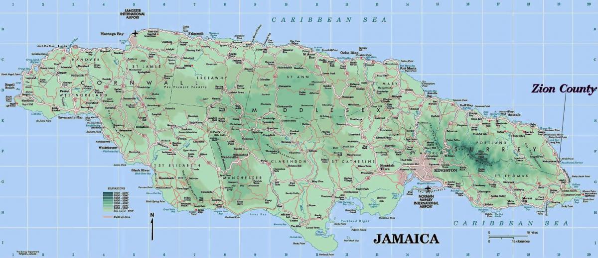 물리적 지도 보여주는 자메이카 산